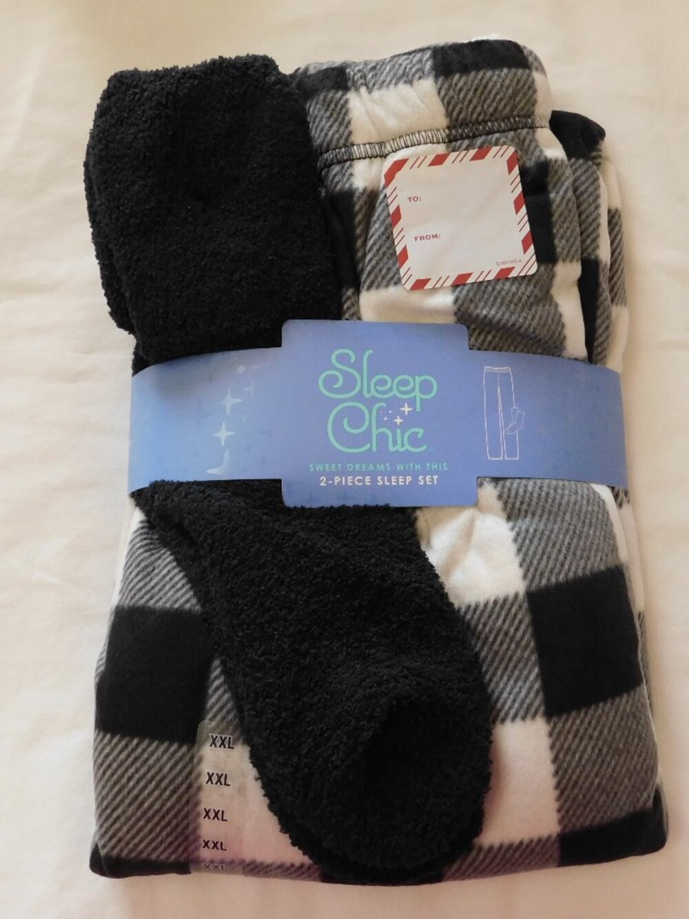 SLEEP CHIC Womens Microfleece Pajama Pant w/Socks Pockets Plaid Black Check XXL